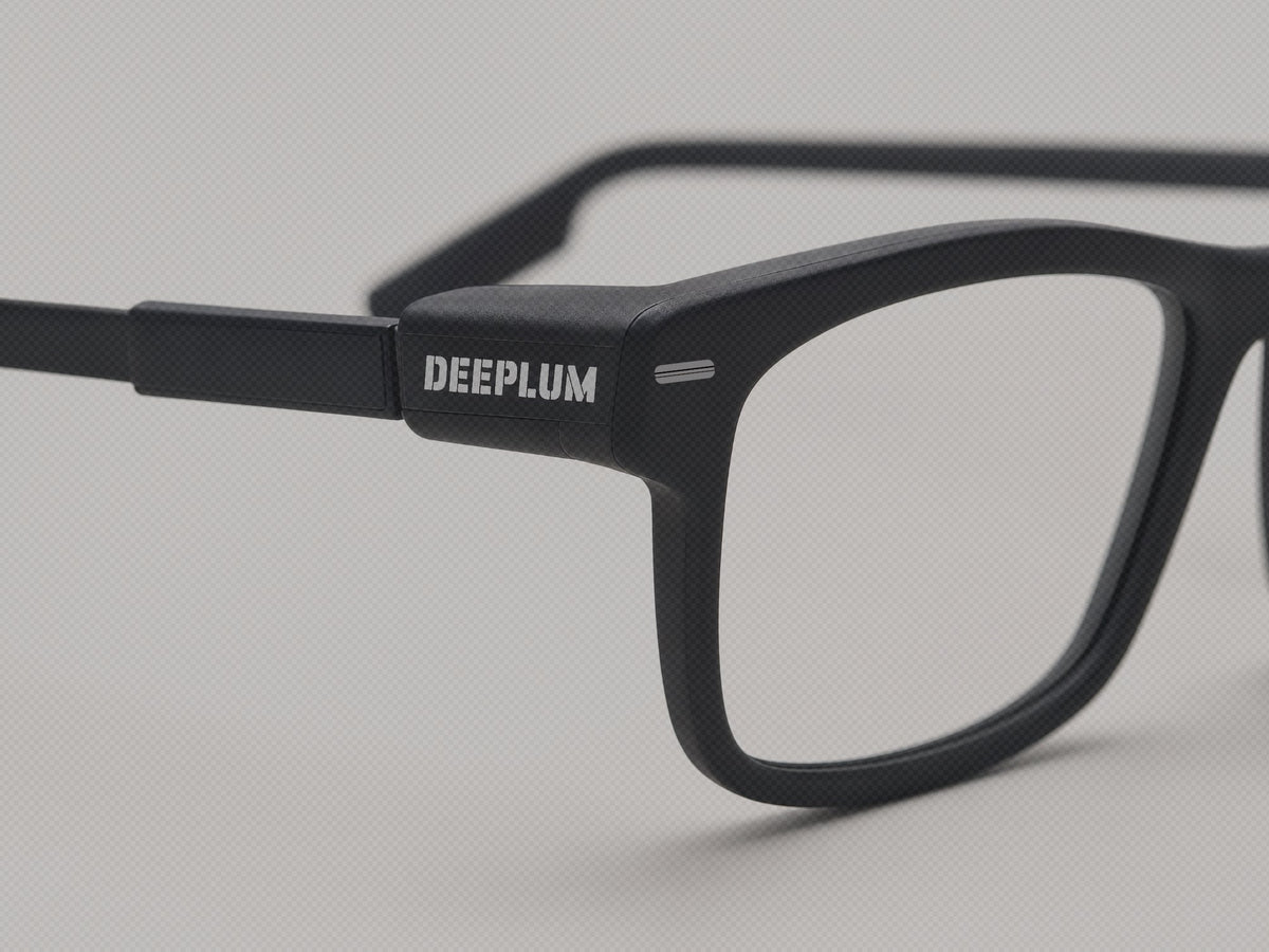 Close-up portrait of front view of DEEPLUM AI smart glasses