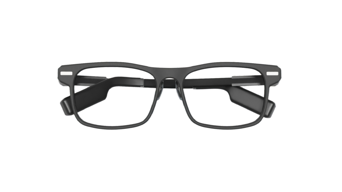 Close-up of DEEPLUM F1 smart glasses with binocular diffractive waveguide display.