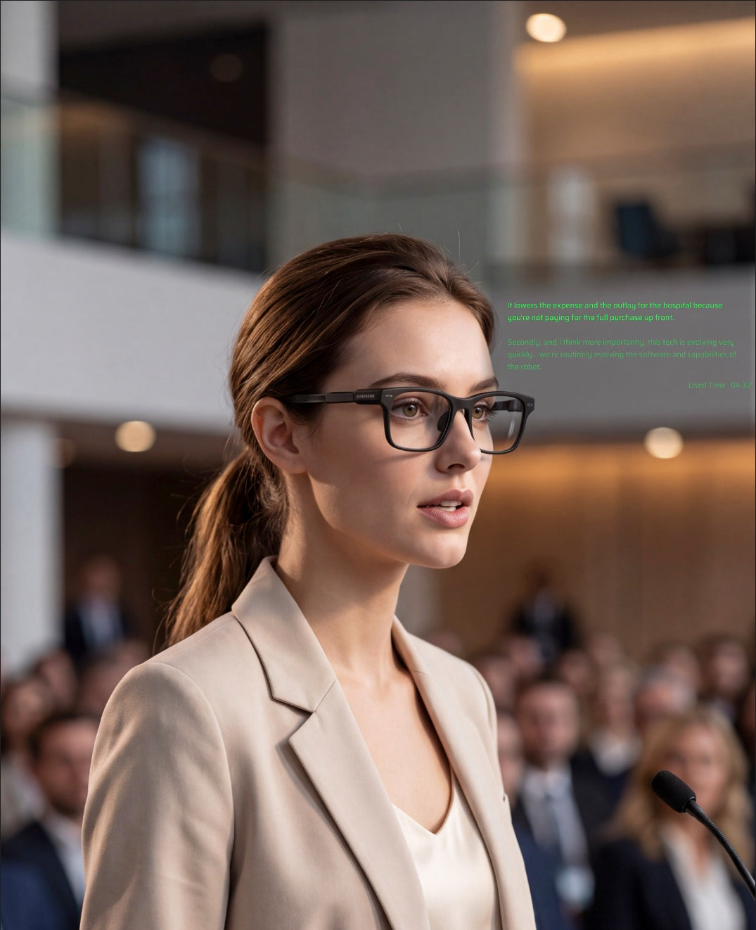 A woman is giving a presentation while wearing DEEPLUM F1 glasses and using the teleprompter function.