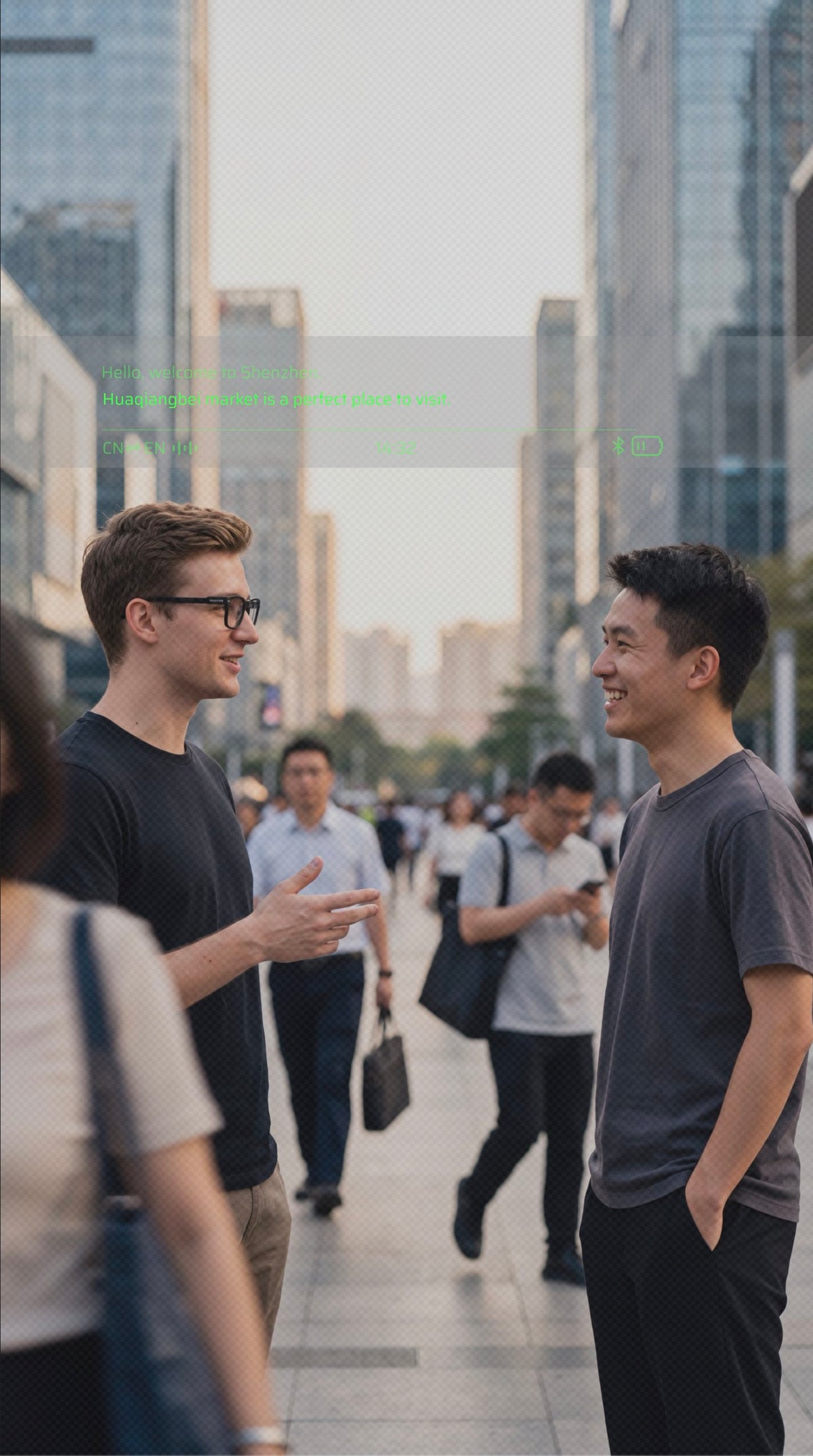 A man wearing DEEPLUM F1 smart glasses talks with other on street, with real-time translation function enabled.