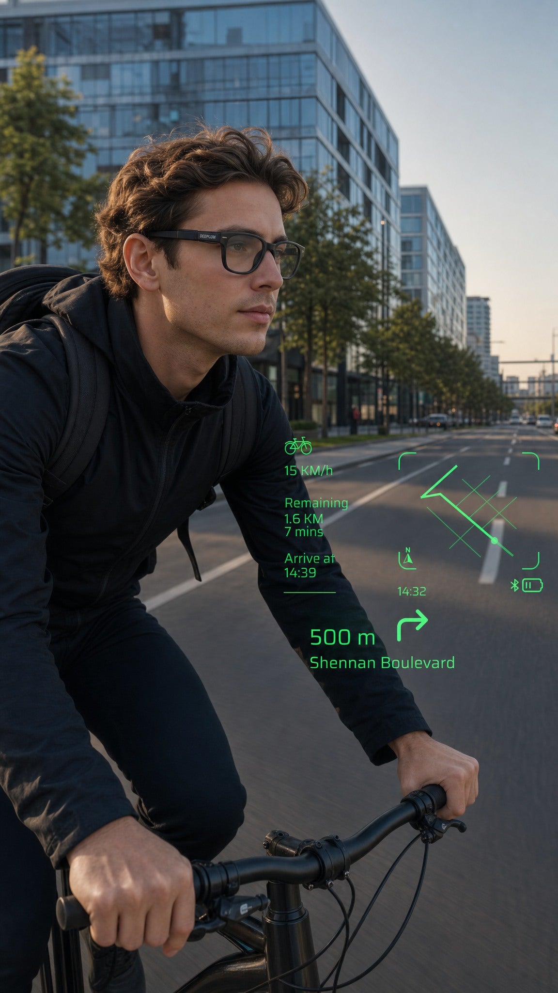 A man wearing DEEPLUM F1 smart glasses is ridding a bicycle on the street, with real-time navigation enabled.