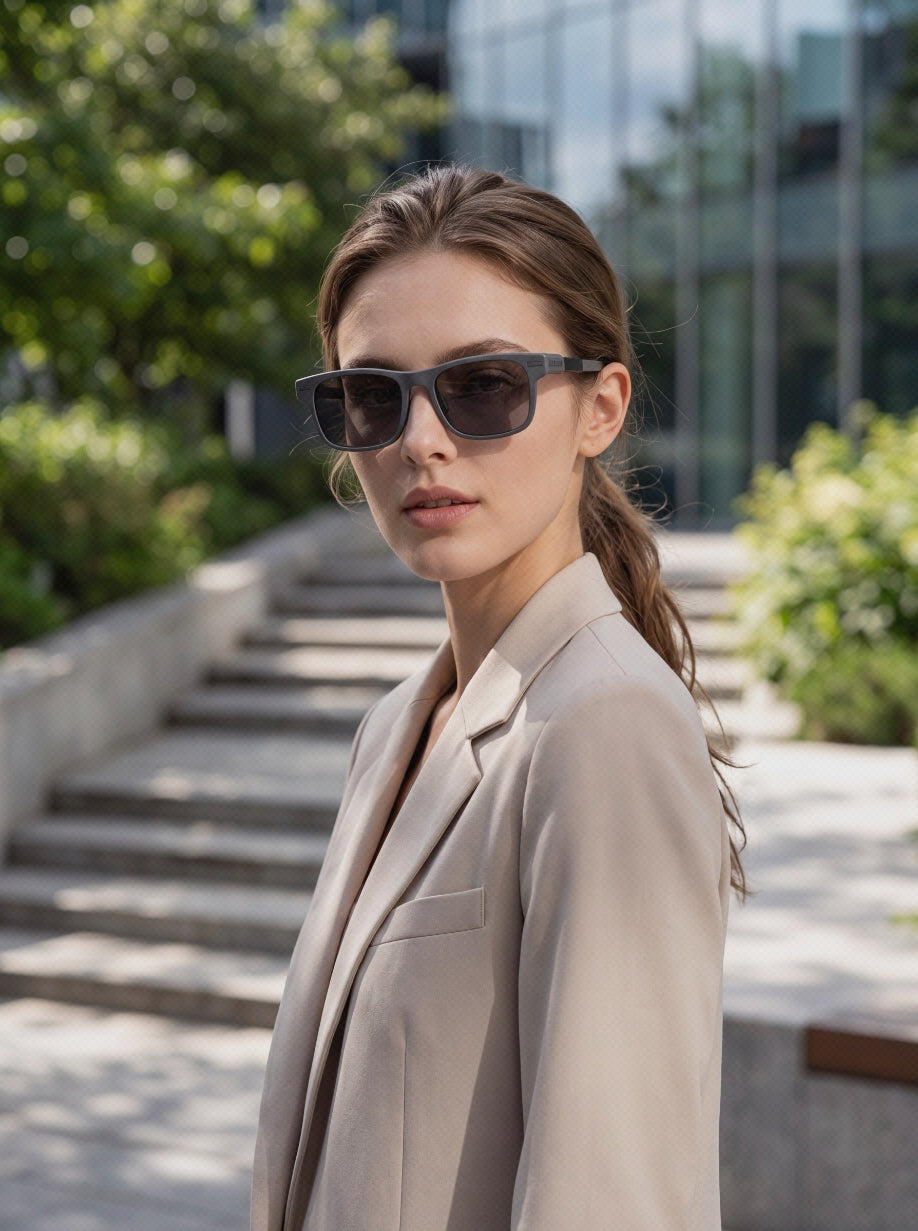 close-up of a woman wearing the DEEPLUM F1 smart glasses with sunglasses lens magnetically attached on the frame.