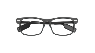 Close-up of DEEPLUM F1 smart glasses with binocular diffractive waveguide display.