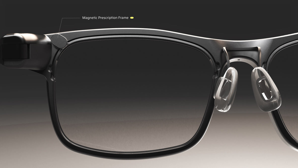 Magnetic prescription lens with frame installed in the inner frame of DEEPLUM F1 smart glasses.