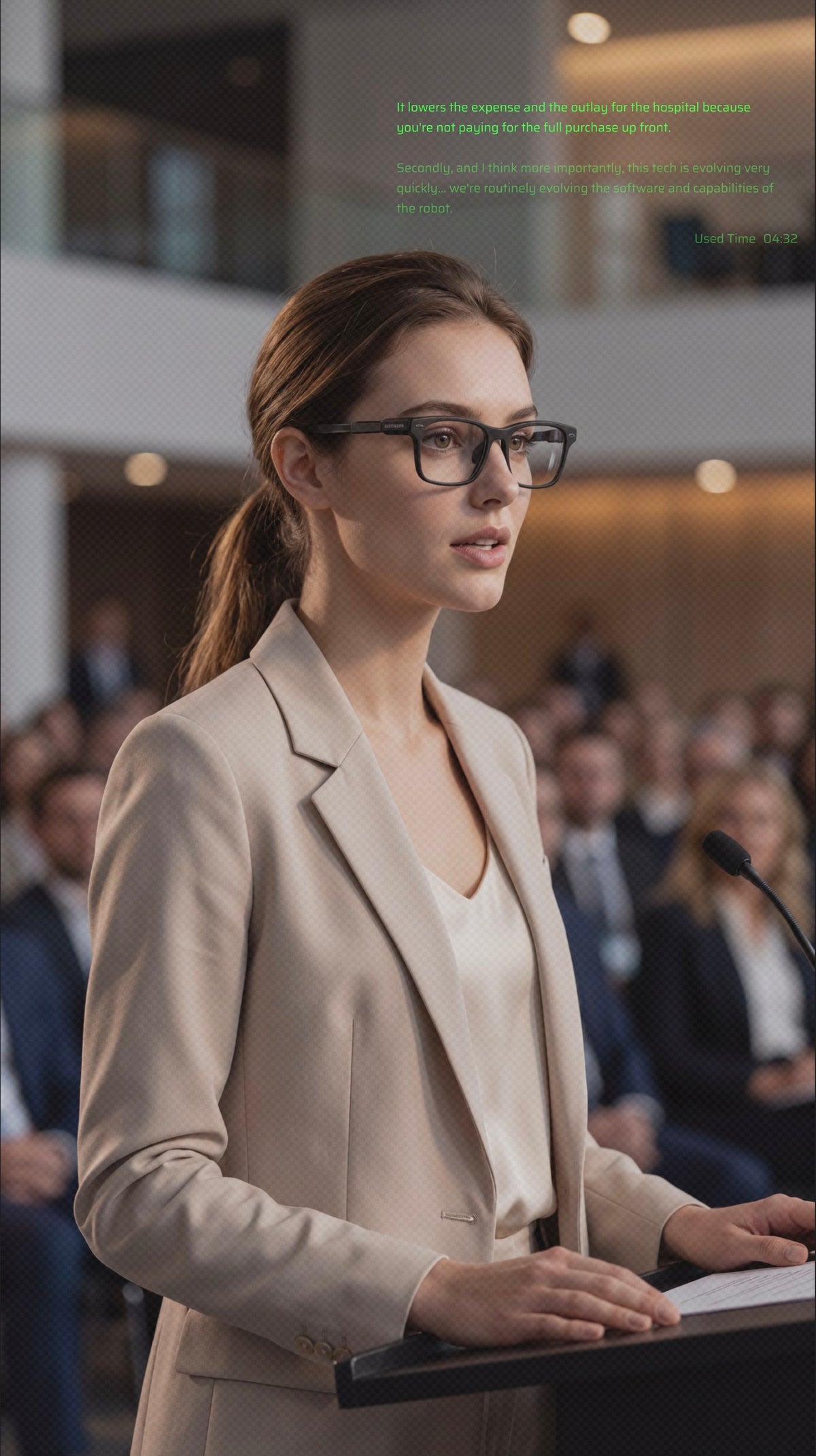 A woman wearing DEEPLUM F1 smart glasses is giving a speech, with teleprompter function enabled.