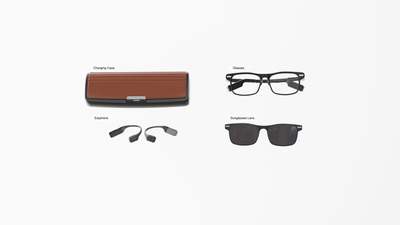 DEEPLUM F1 retail box containing smart glasses, charging case, magnetic earphones, and magnetic sunglasses lens.