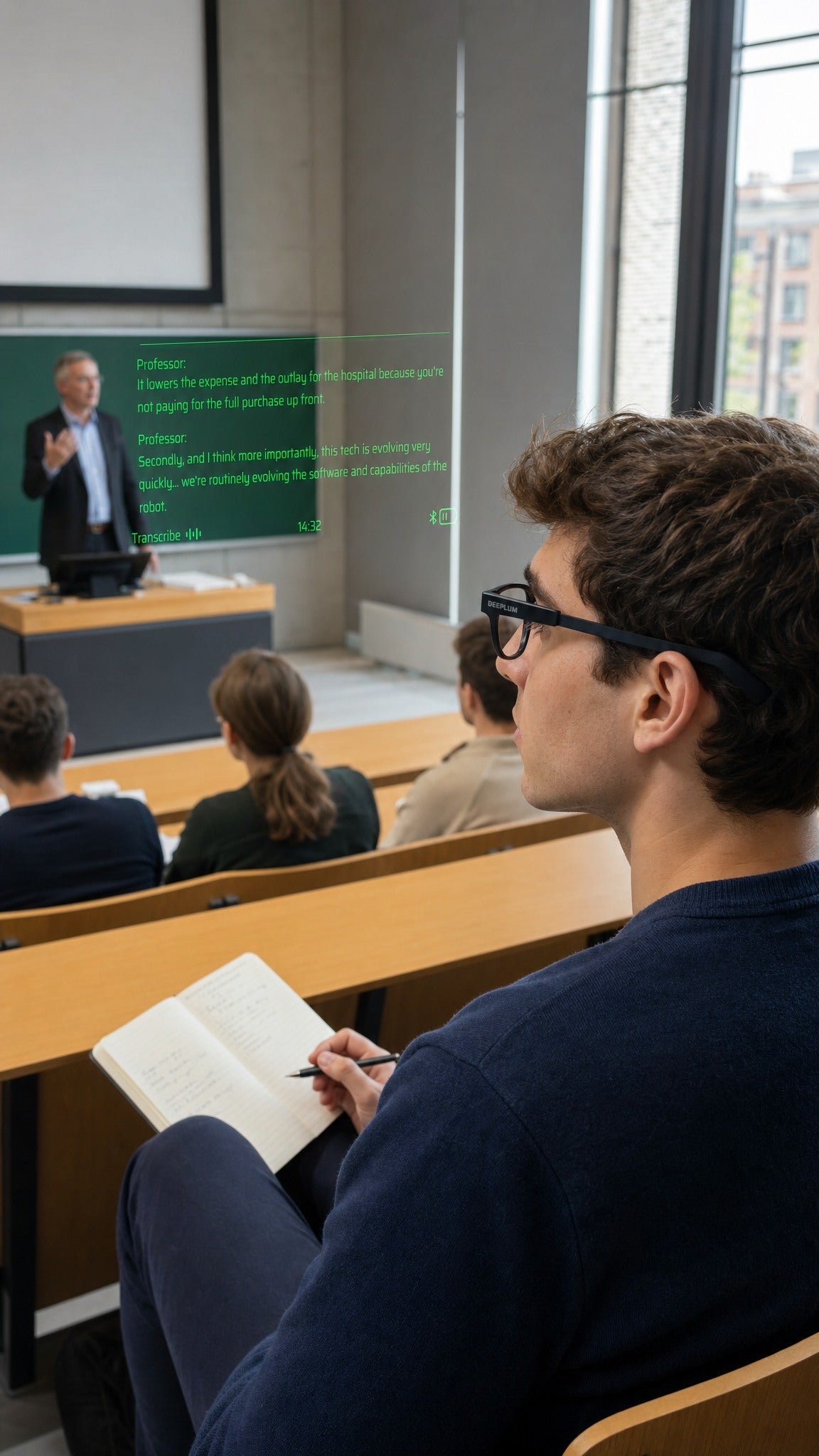 A student wearing DEEPLUM F1 smart glasses is in studying in classroom, with transcribe function enabled.
