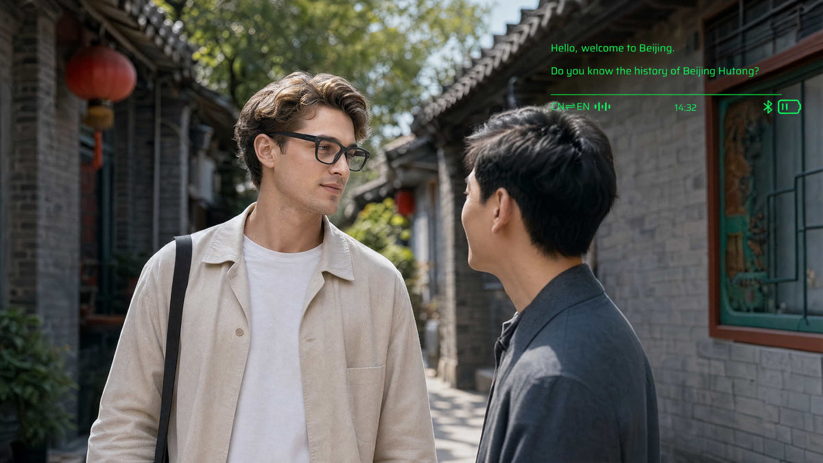 A man wearing DEEPLUM smart glasses uses the translation function to talk with people. 