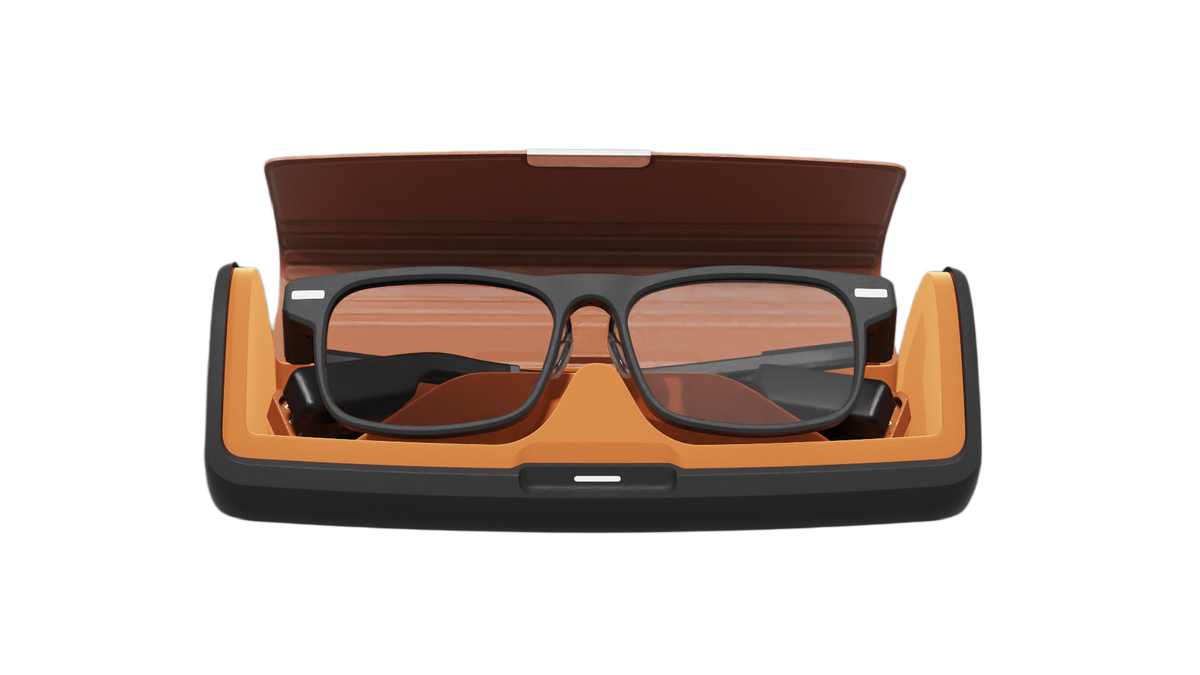 DEEPLUM F1 smart glasses inside the classic Bluetooth charging case.