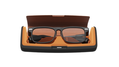 DEEPLUM F1 smart glasses inside the classic Bluetooth charging case.