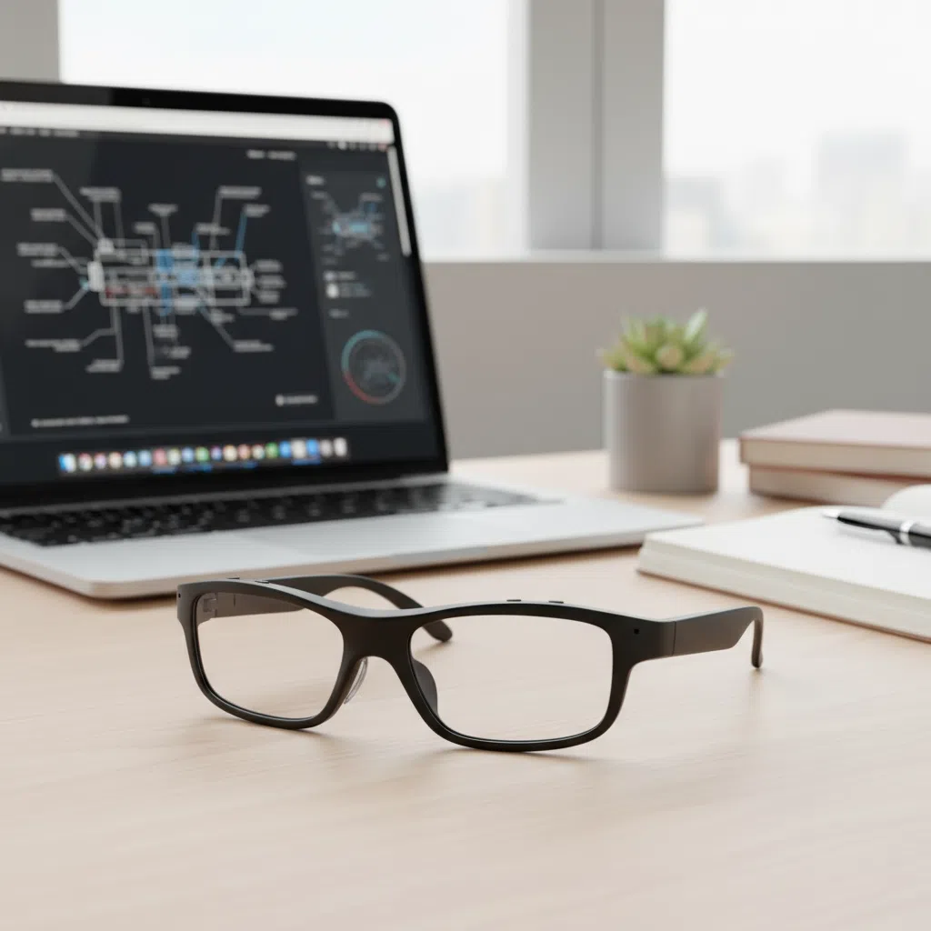 DEEPLUM AI+AR Smart Glasses with sleek design and transparent lenses, showcasing advanced technology features.