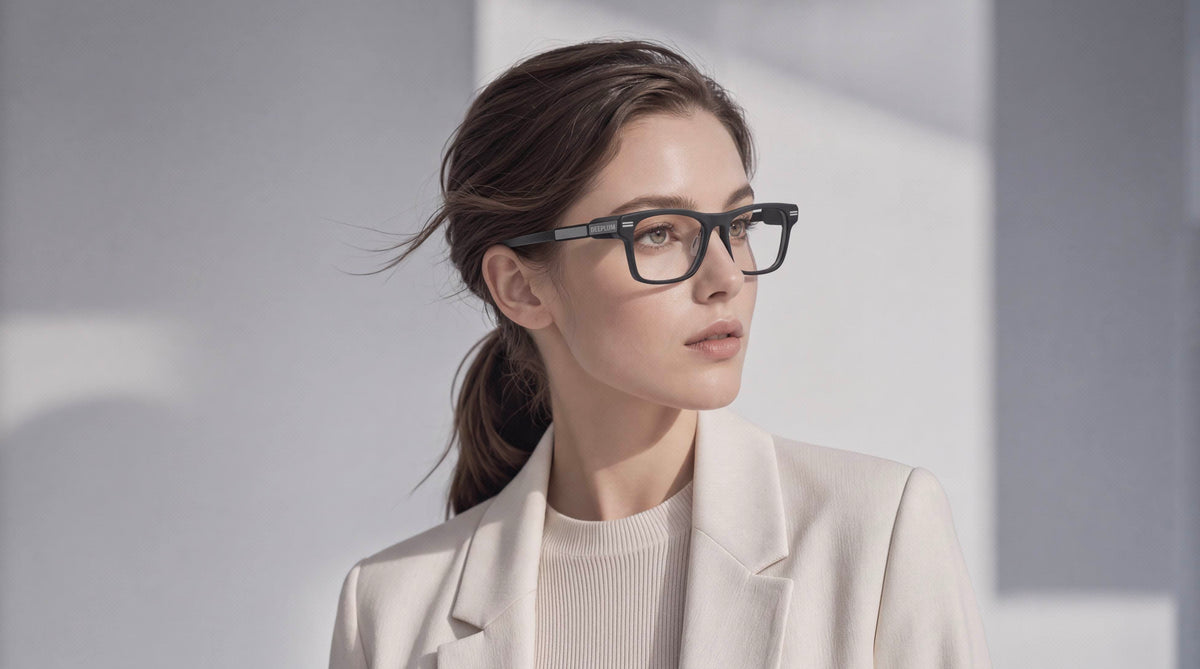 Close-up portrait of a woman wearing lightweight DEEPLUM AI smart glasses